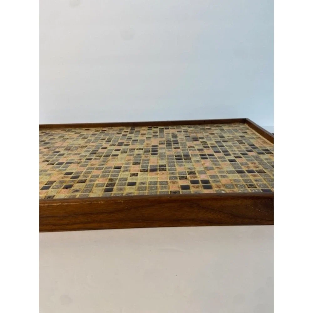 Vintage Mid Century Modern Mosaic Tile Wood Serving Tray Brass Handles Vered